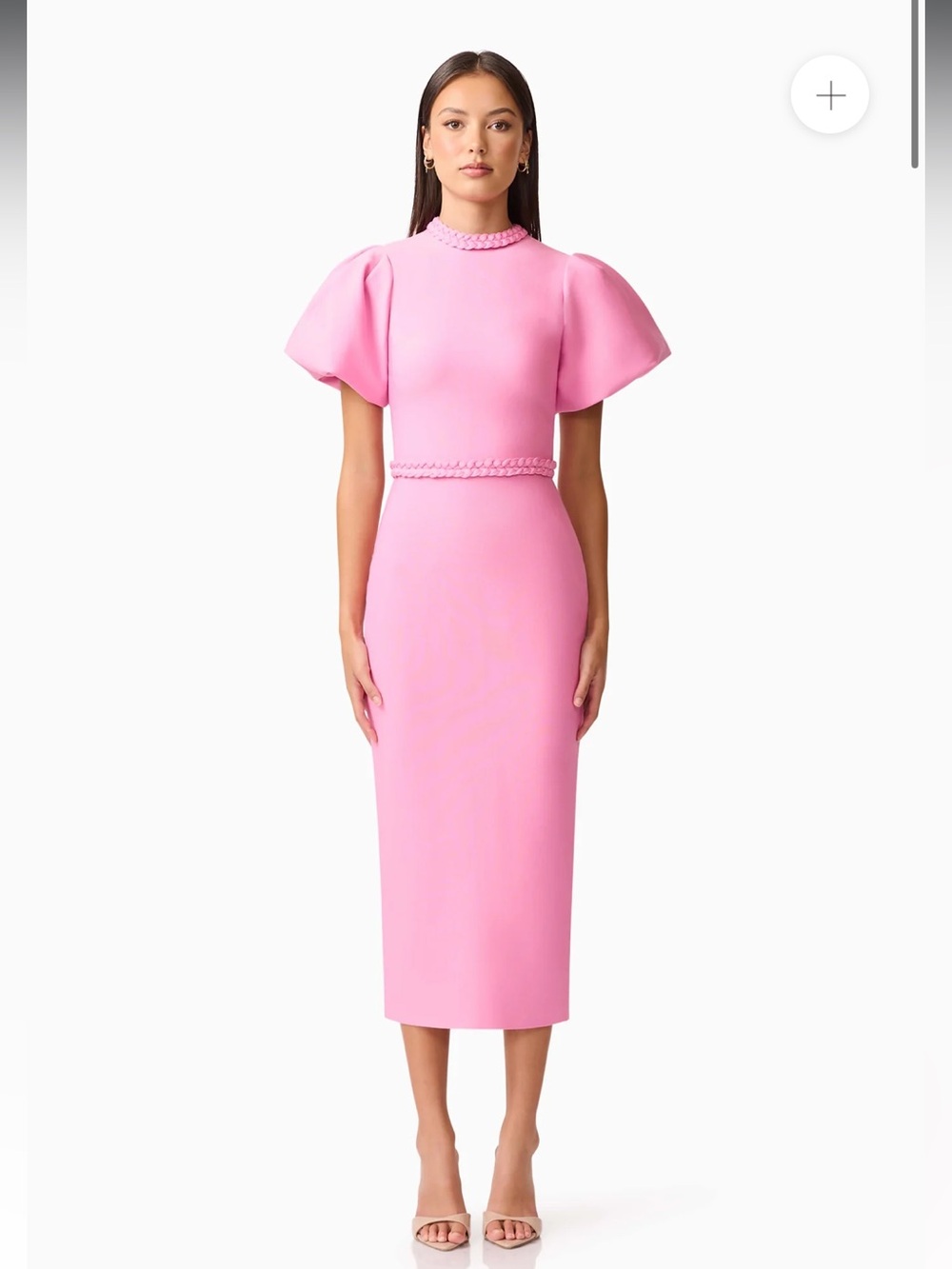elliatt coralene pink puff sleeve high neck fitted midi dress size XS NEW